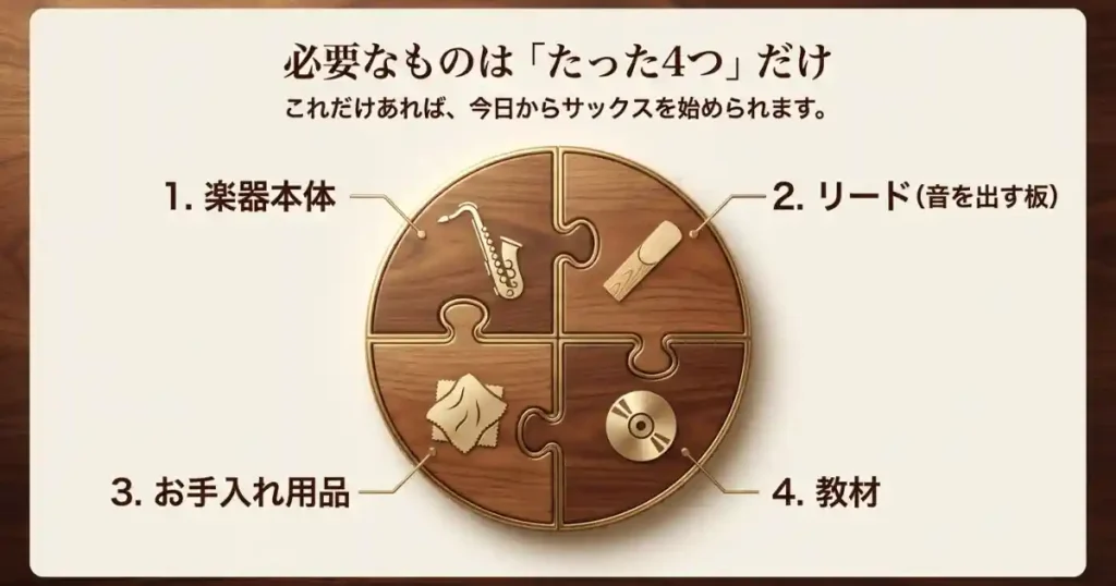 サックス初心者が揃えるものは大きく4つだけ